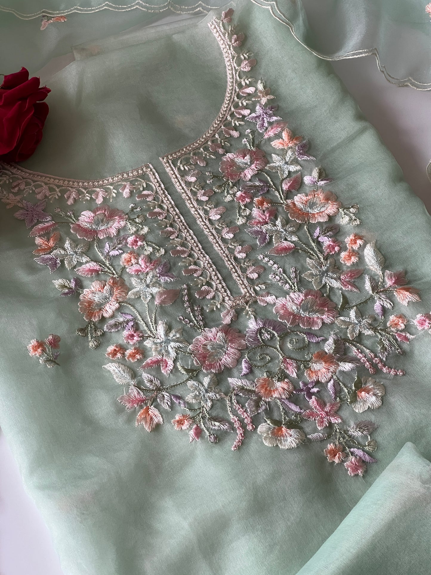 Green thread Embroidery unstitched suit