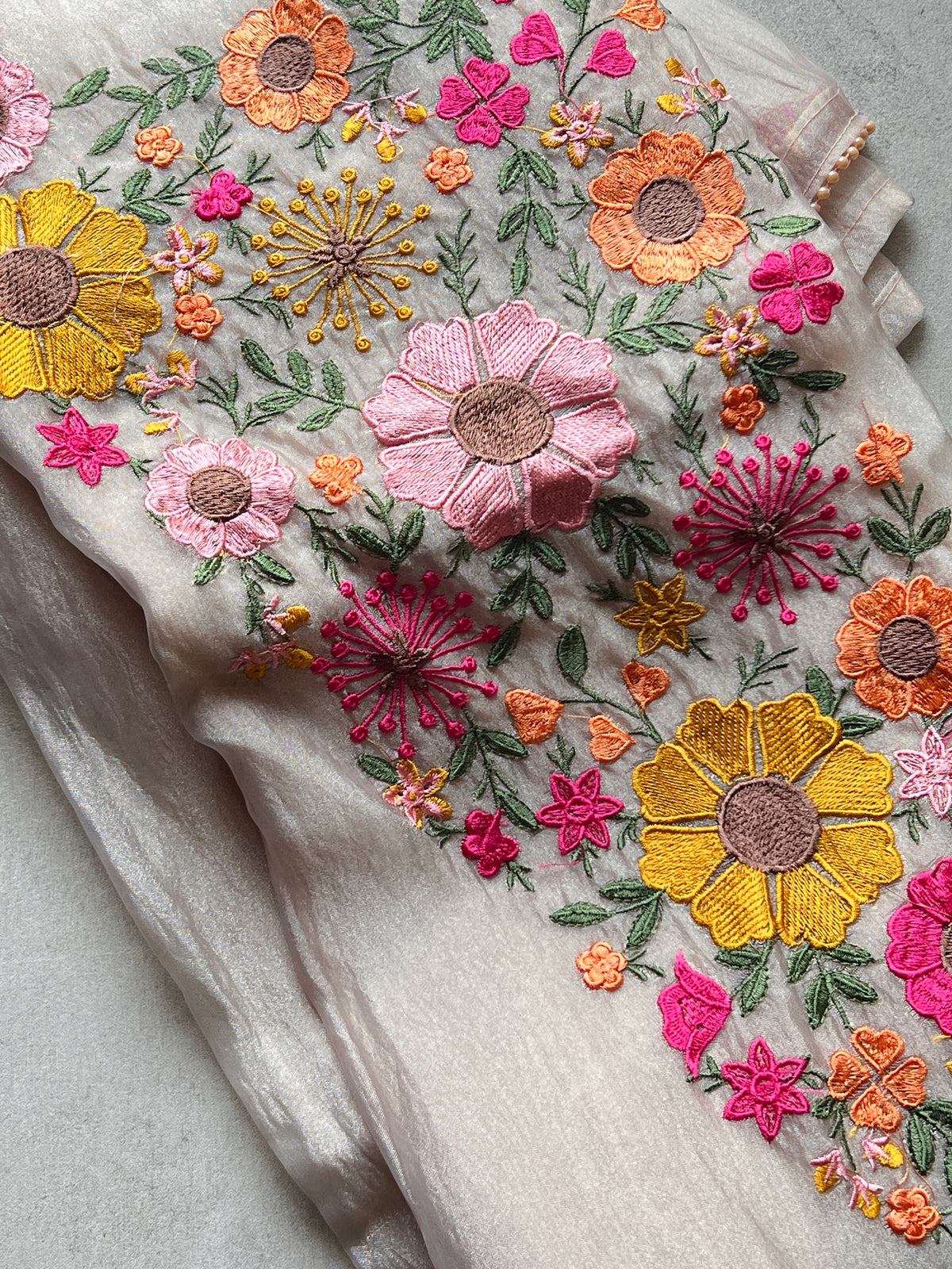 Greyish Champange gold Sunflower Embroidery Crush Organza tissue Dress material