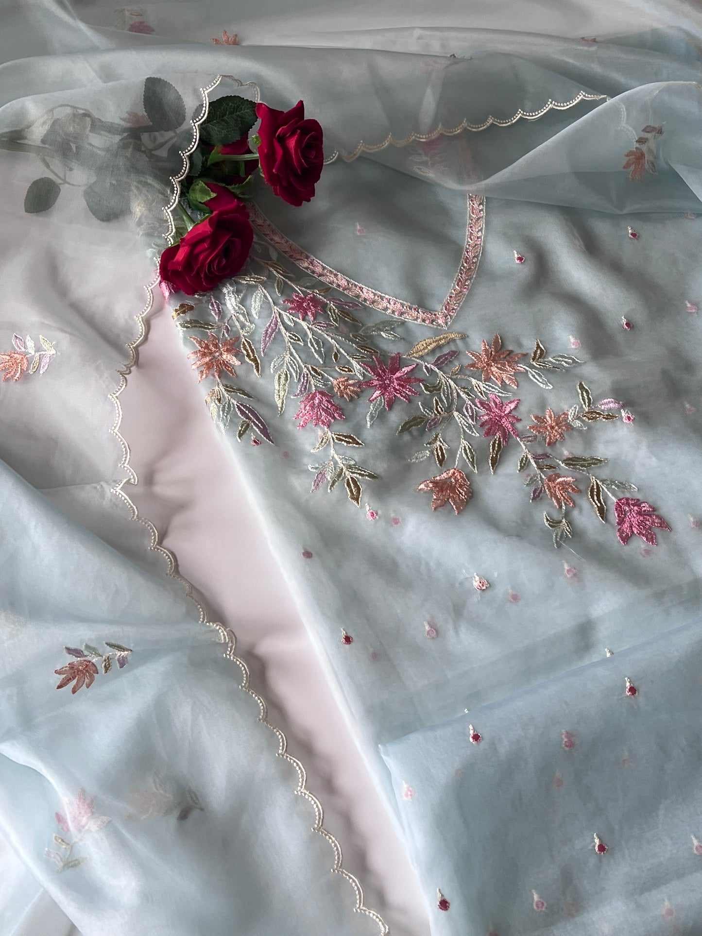 Blue thread Embroidery unstitched suit
