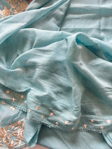 Blue Mul Chanderi Handwork with Parsi dupatta Unstitched Suit set