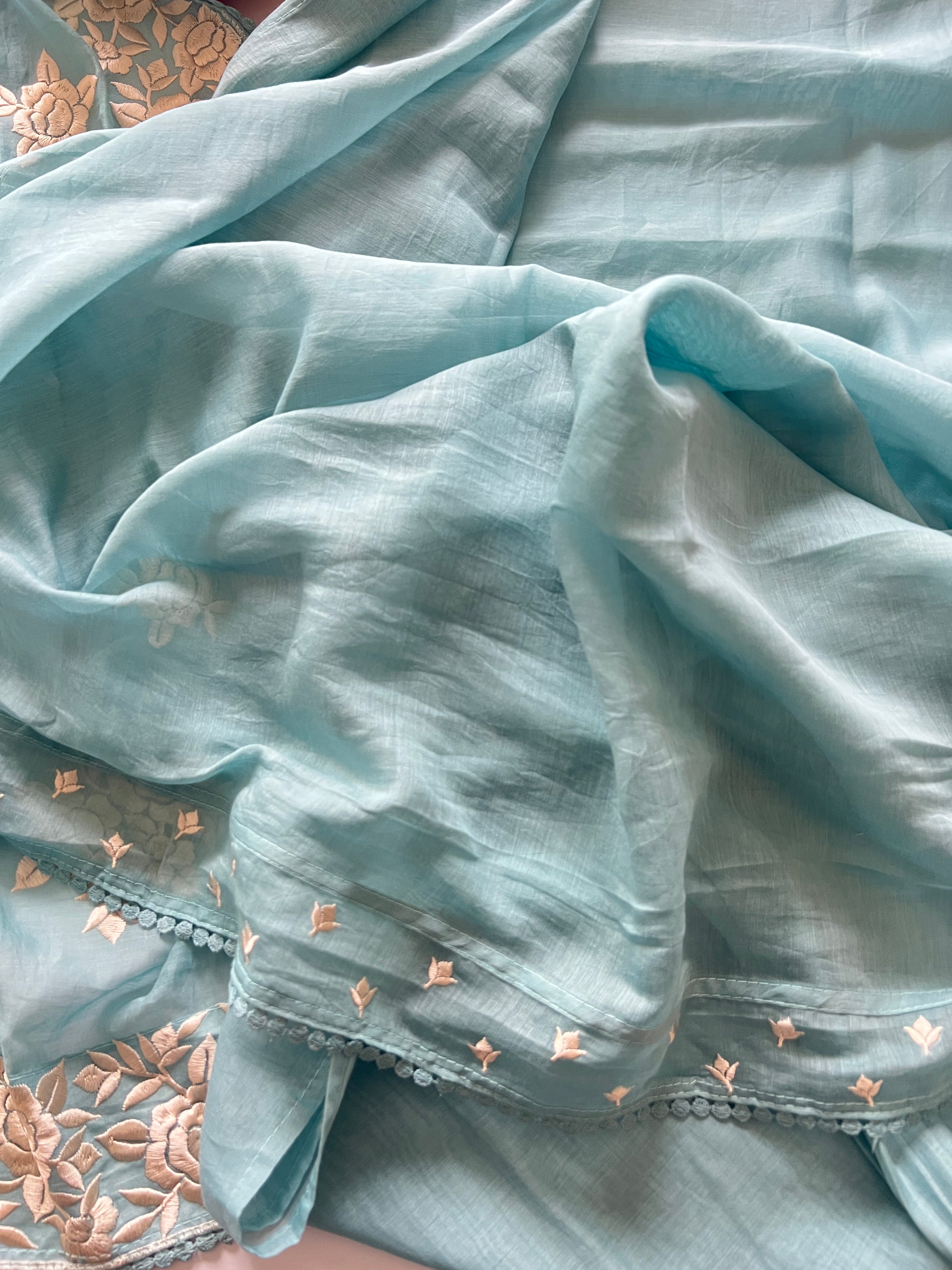 Blue Mul Chanderi Handwork with Parsi dupatta Unstitched Suit set