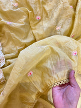 Yellow Mul Chanderi Thread embroidered Unstitched Suit