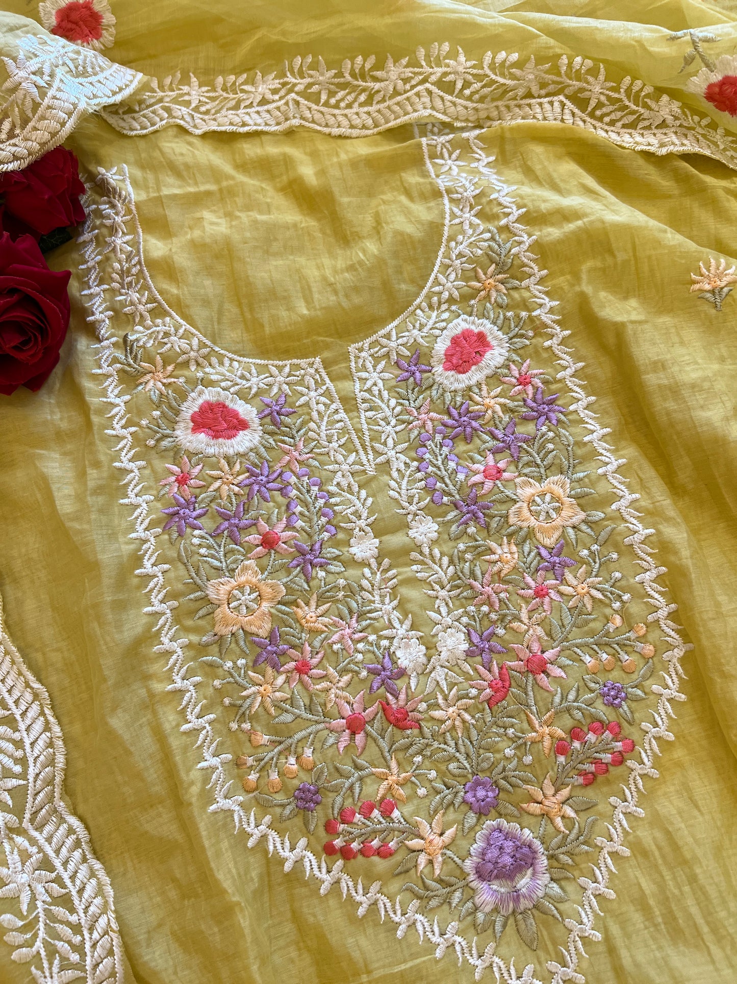 Yellow Mul Chanderi Thread embroidered Unstitched Suit