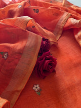 Orange Pure Silk Linen embroidered premium unstitched dress material