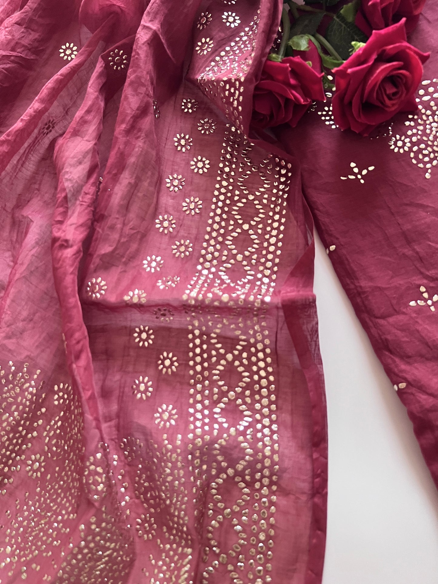 Maroon Mul Chanderi dress material with mukaish