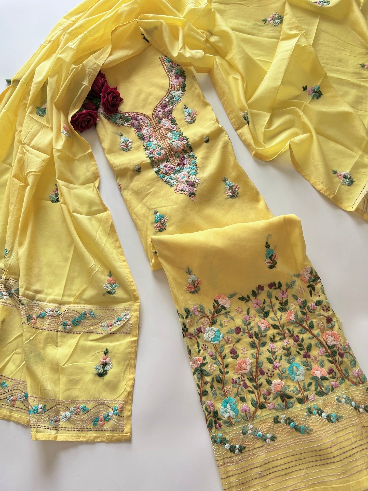 Yellow Knot embroidery Unstitched suit material 2 pc