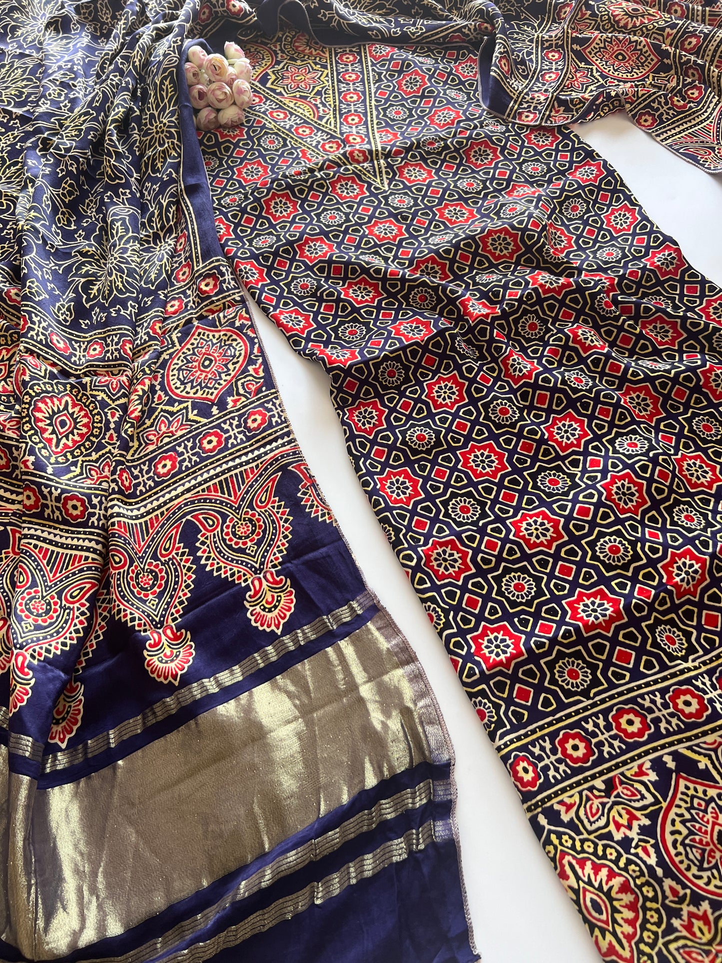 Blue Ajrakh Handblock print 3 pc fabric Unstitched suit set