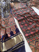 Blue Ajrakh Handblock print 3 pc fabric Unstitched suit set