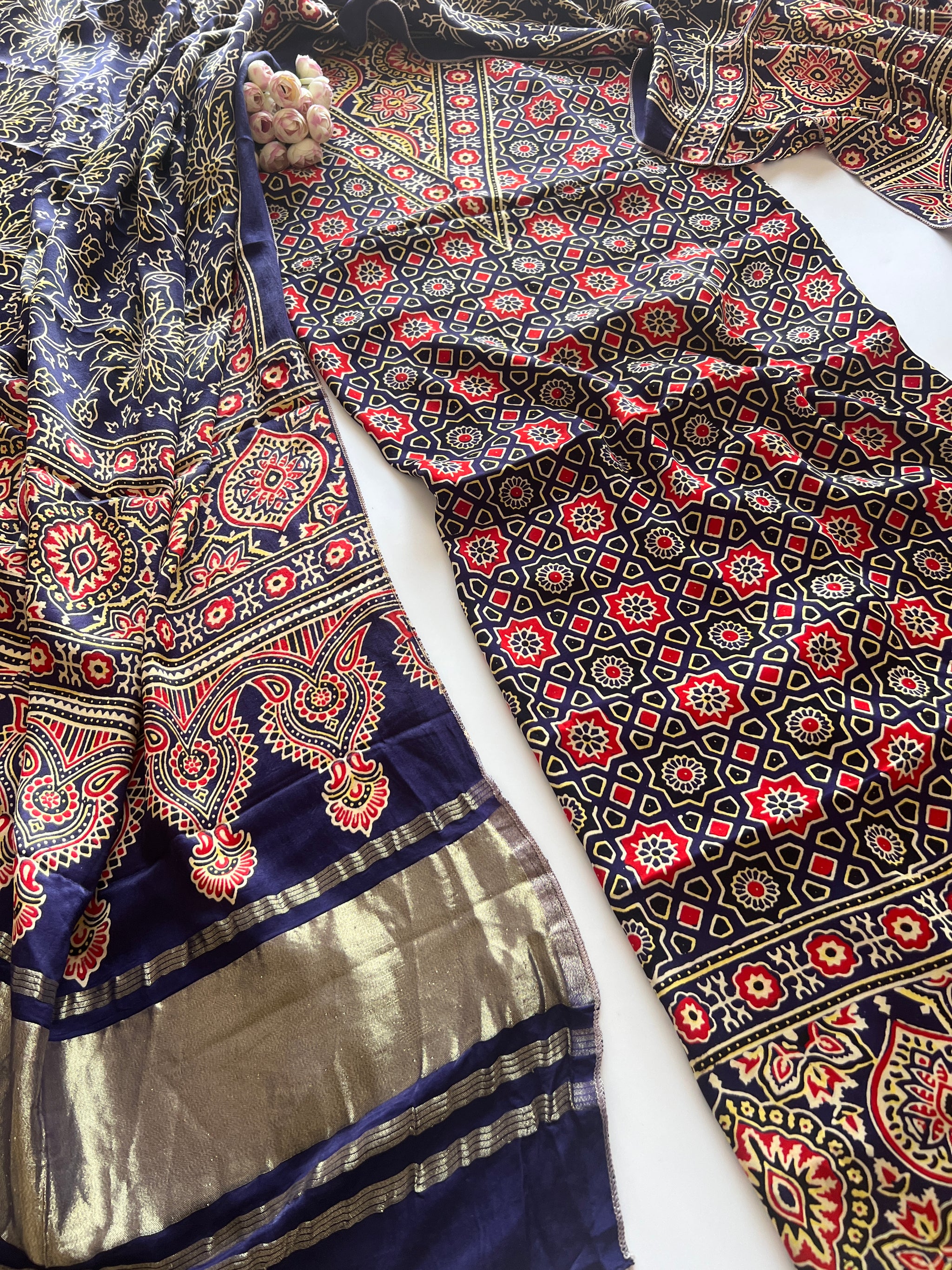 Blue Ajrakh Handblock print 3 pc fabric Unstitched suit set