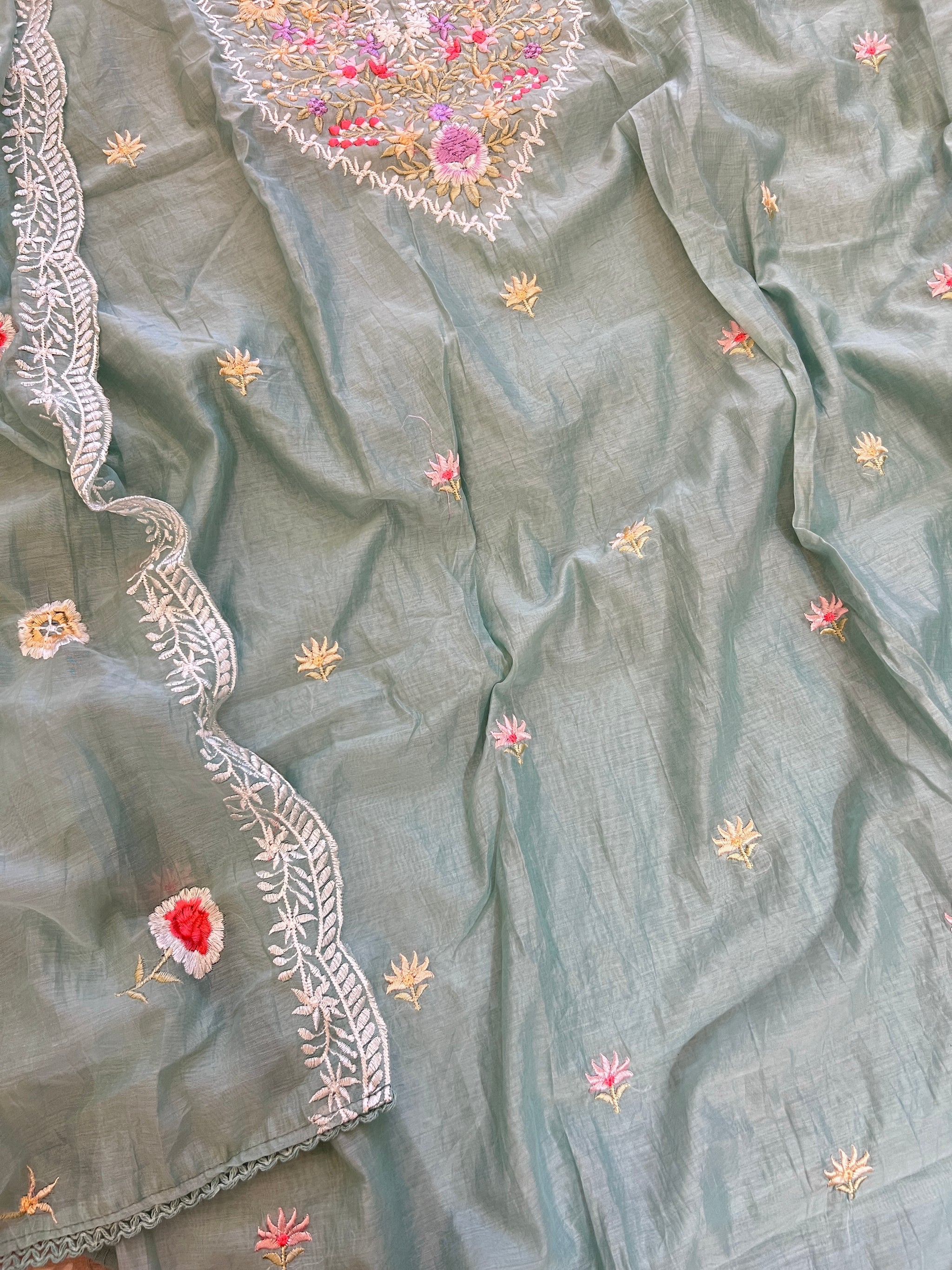 Blue Mul Chanderi Thread embroidered Unstitched Suit