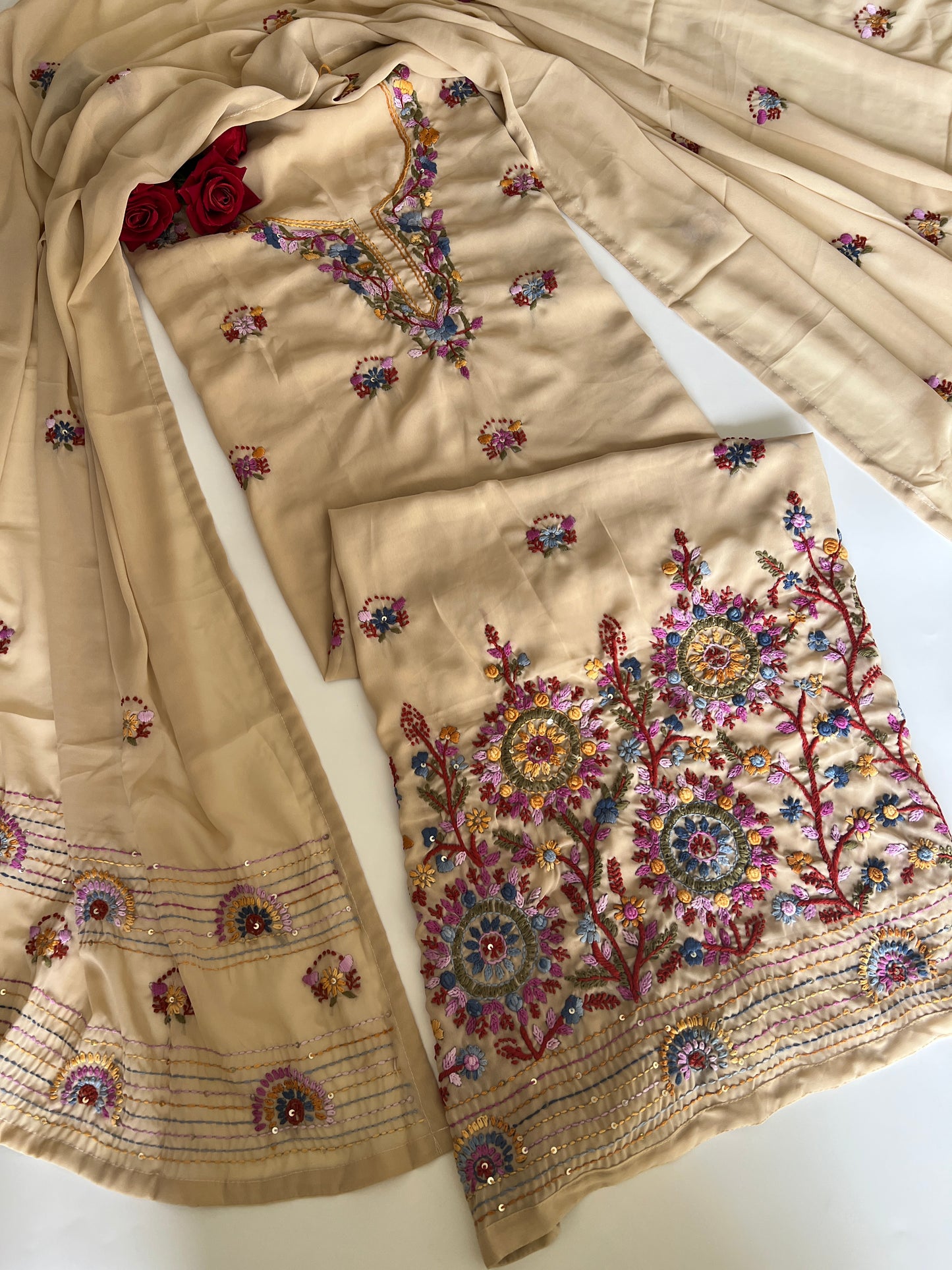 Beige Knot Embroidery Unstitched suit set 2 pc