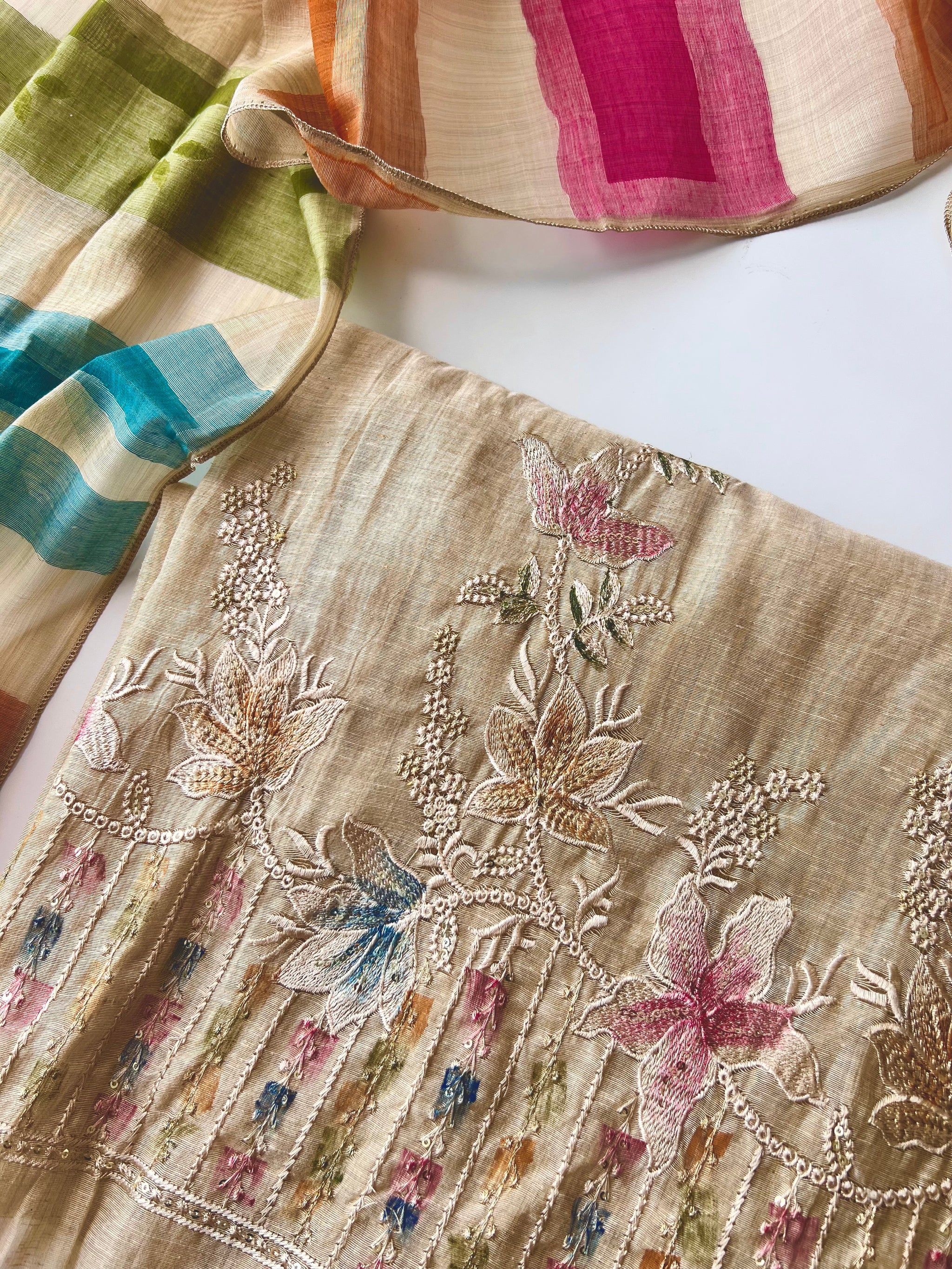 Linen with multi color embroidery and dupatta,, Unstitched suit material