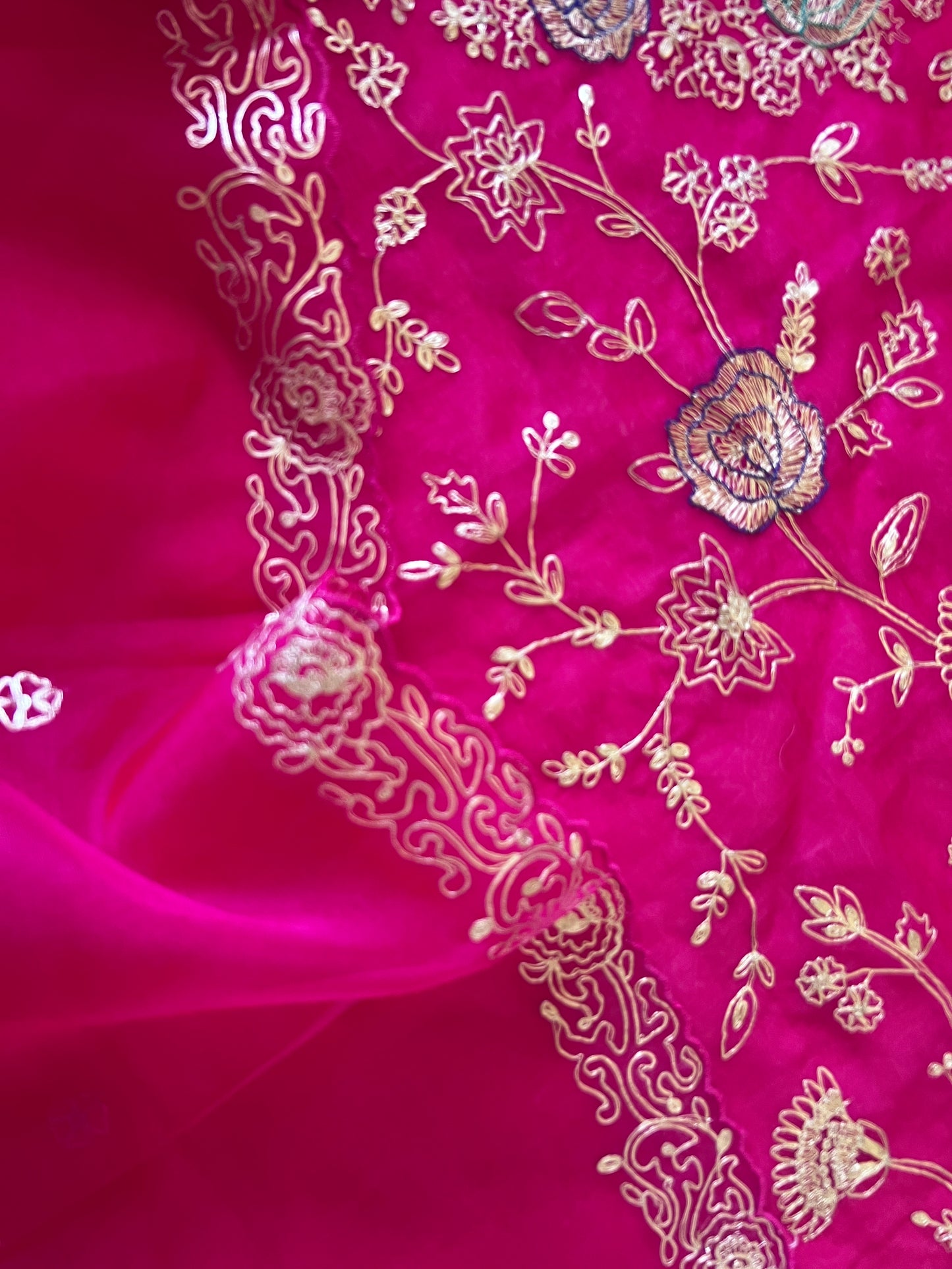 Pure Silk Organza Full embroidered premium unstitched suit in Hot Pink