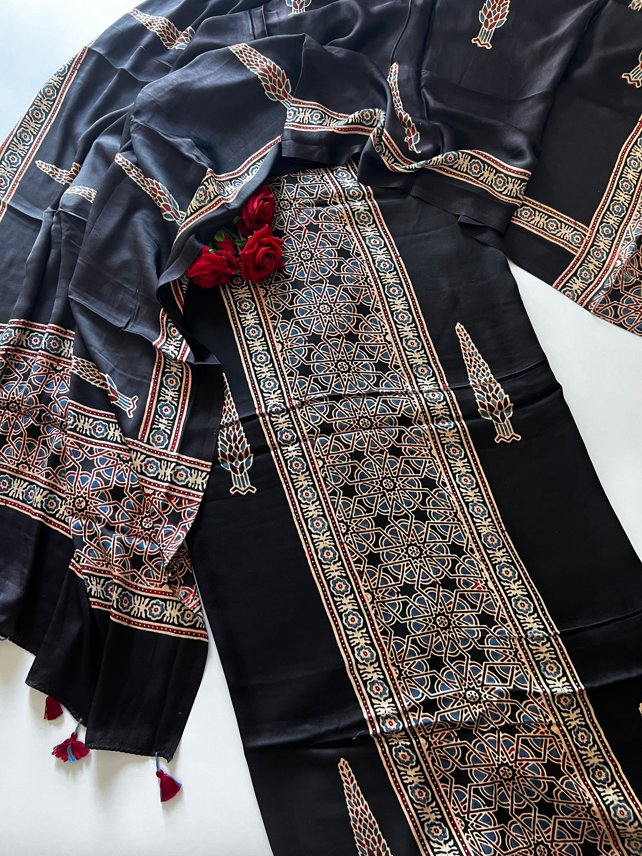 Black Original Handblock Ajrakh print on Modal fabric Unstitched suit set
