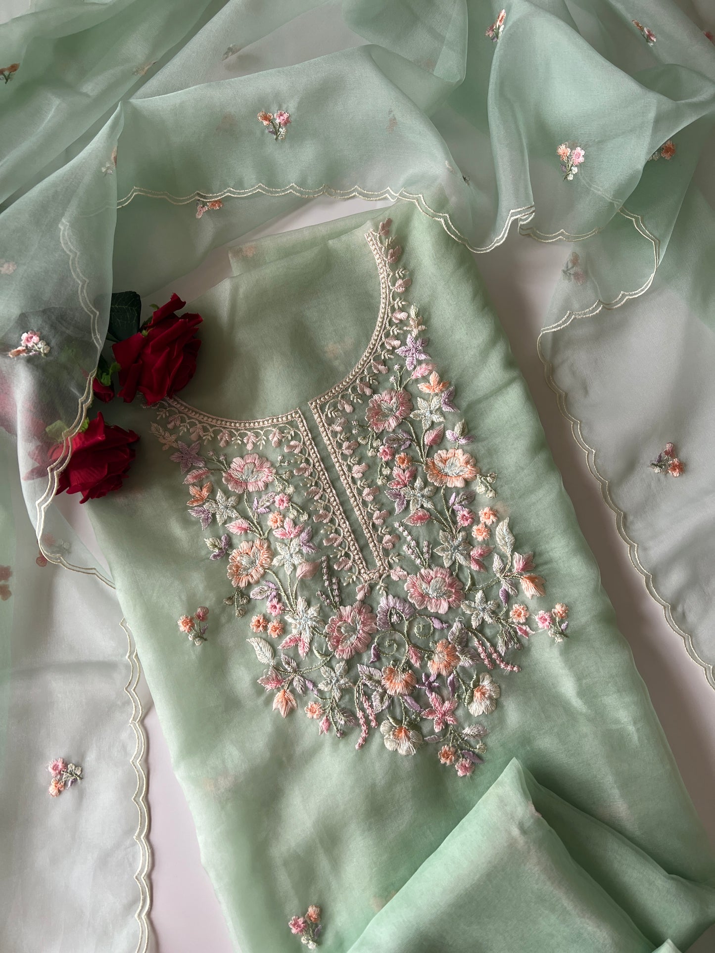 Green thread Embroidery unstitched suit