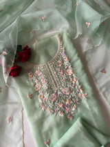 Green thread Embroidery unstitched suit