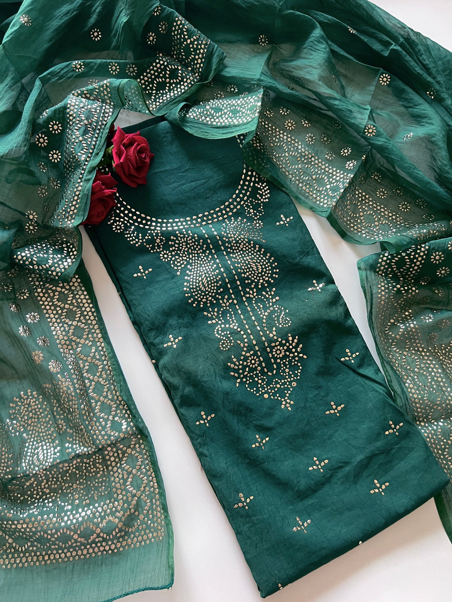Green Mul Chanderi dress material with mukaish