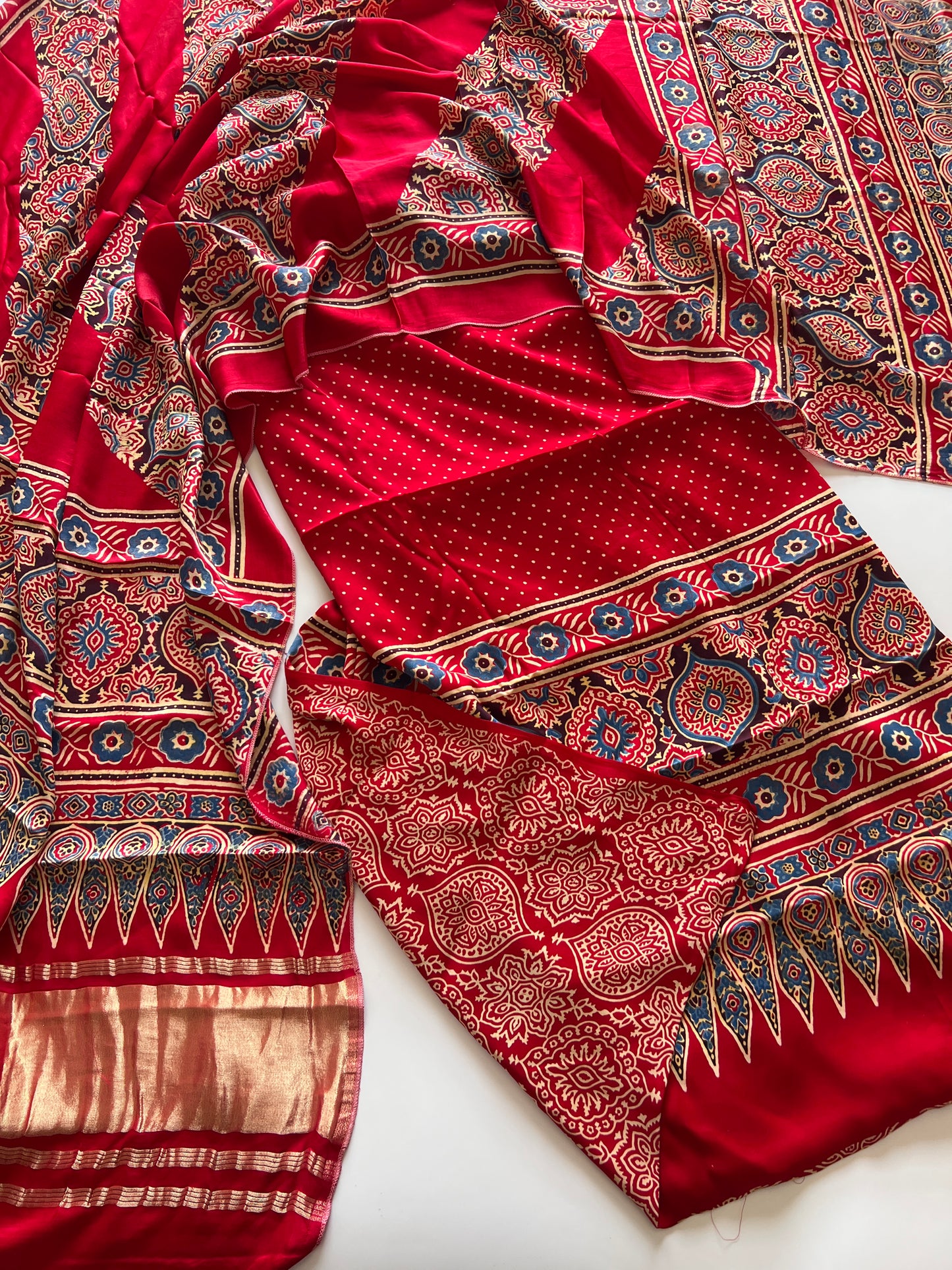 Ajrakh Handblock print 3 pc fabric Unstitched suit set