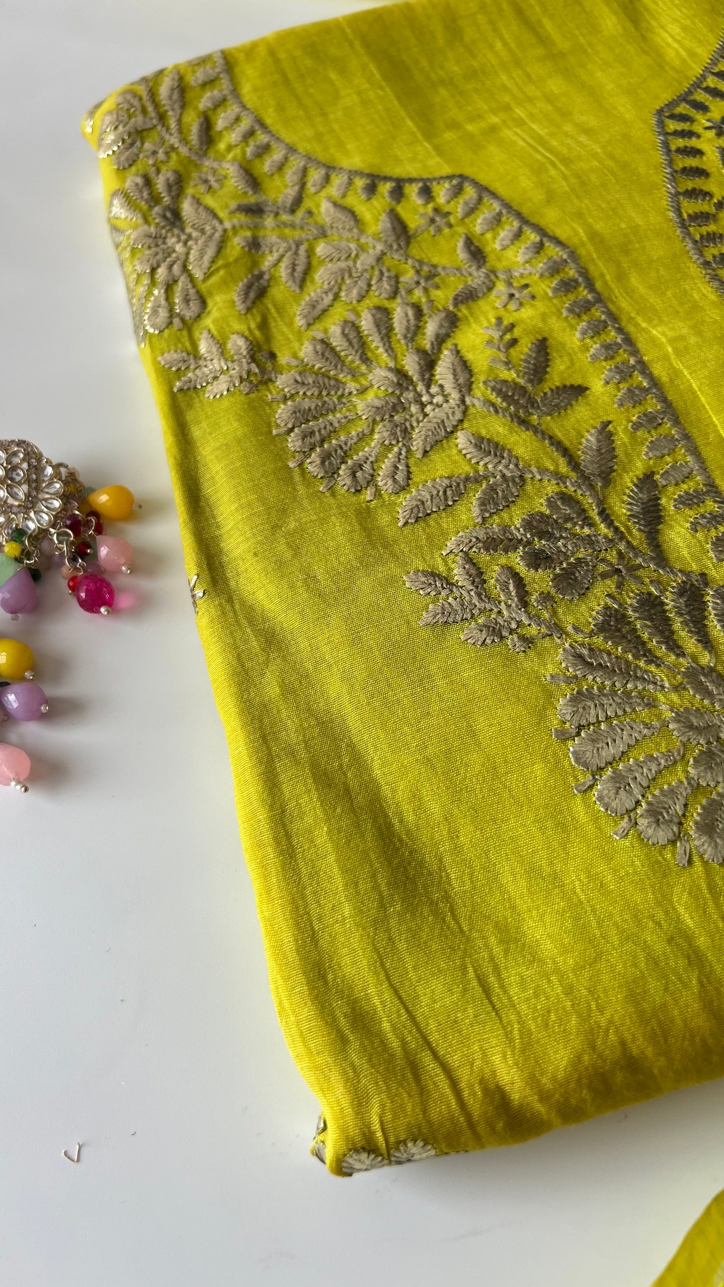 Green Mul Chanderi dress material with pitta and mukaish work