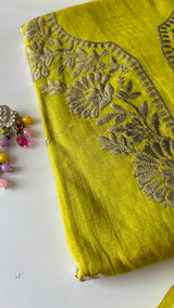 Green Mul Chanderi dress material with pitta and mukaish work