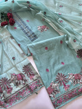 Blue green Cotton Jamdani work dress material unstitched Suit set