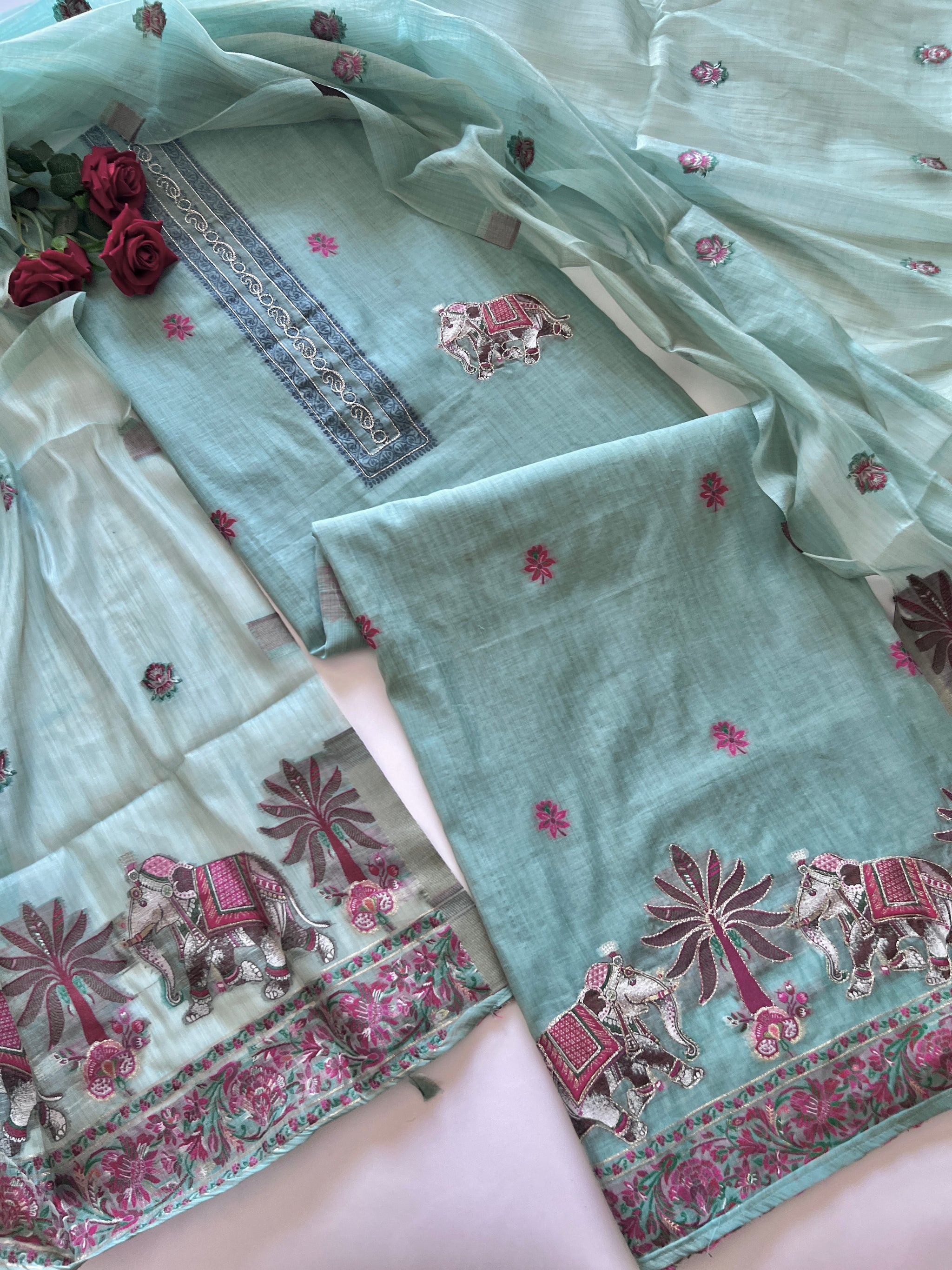 Blue green Cotton Jamdani work dress material unstitched Suit set