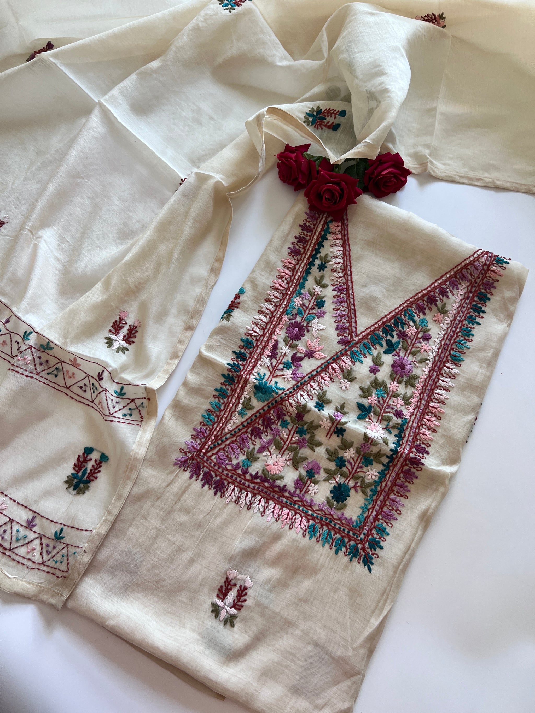 2 pc Cream Knot embroidery Unstitched suit material