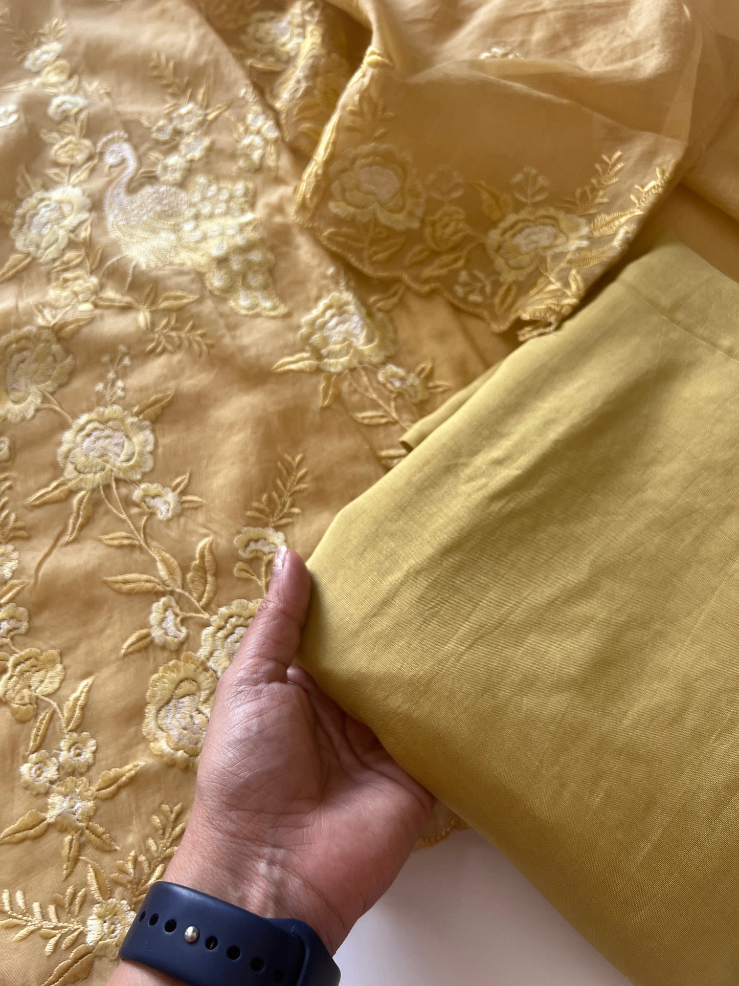 Yellow Mul Chanderi Thread embroidered Unstitched Suit