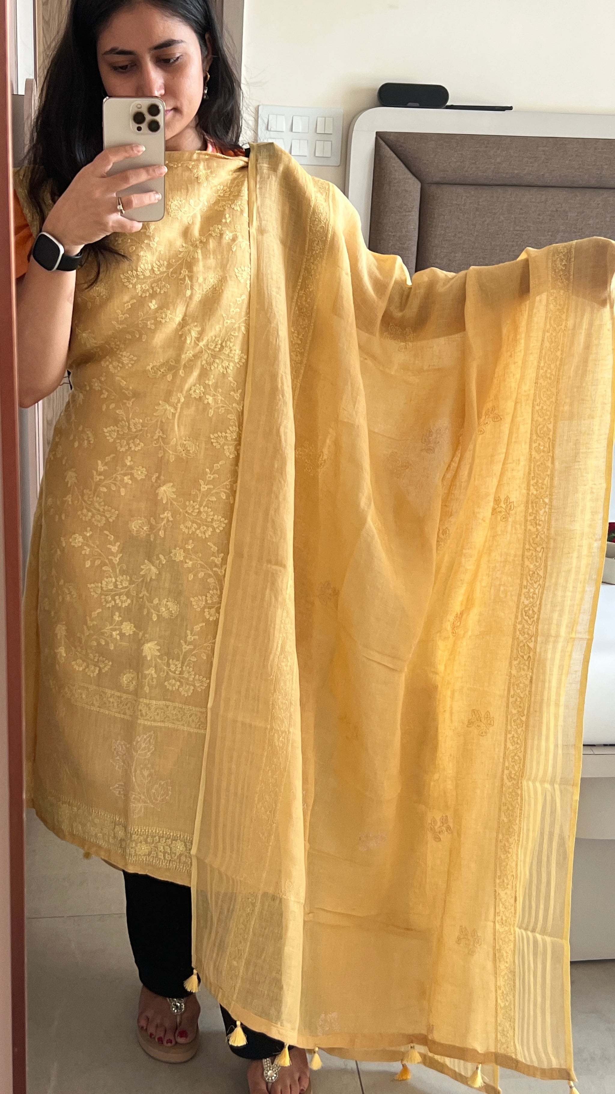 Yellow Pure Linen embroidered premium unstitched dress material