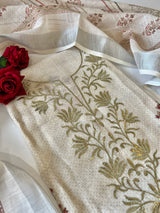 Premium cream mul linen dress material for women suitable for daytime festive and small function wear