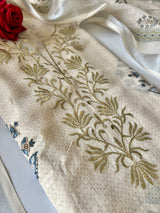 Elegant cream salwar suit set with lightweight mul linen fabric and delicate handcrafted pitta work