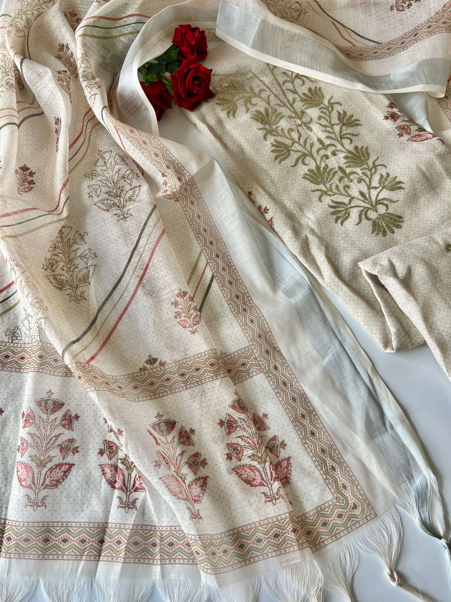 Elegant printed mul linen salwar suit with handcrafted pitta work and breathable fabric for women