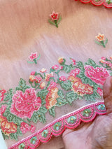 Peach Glass tissue with floral cross stitch embroidery dress material