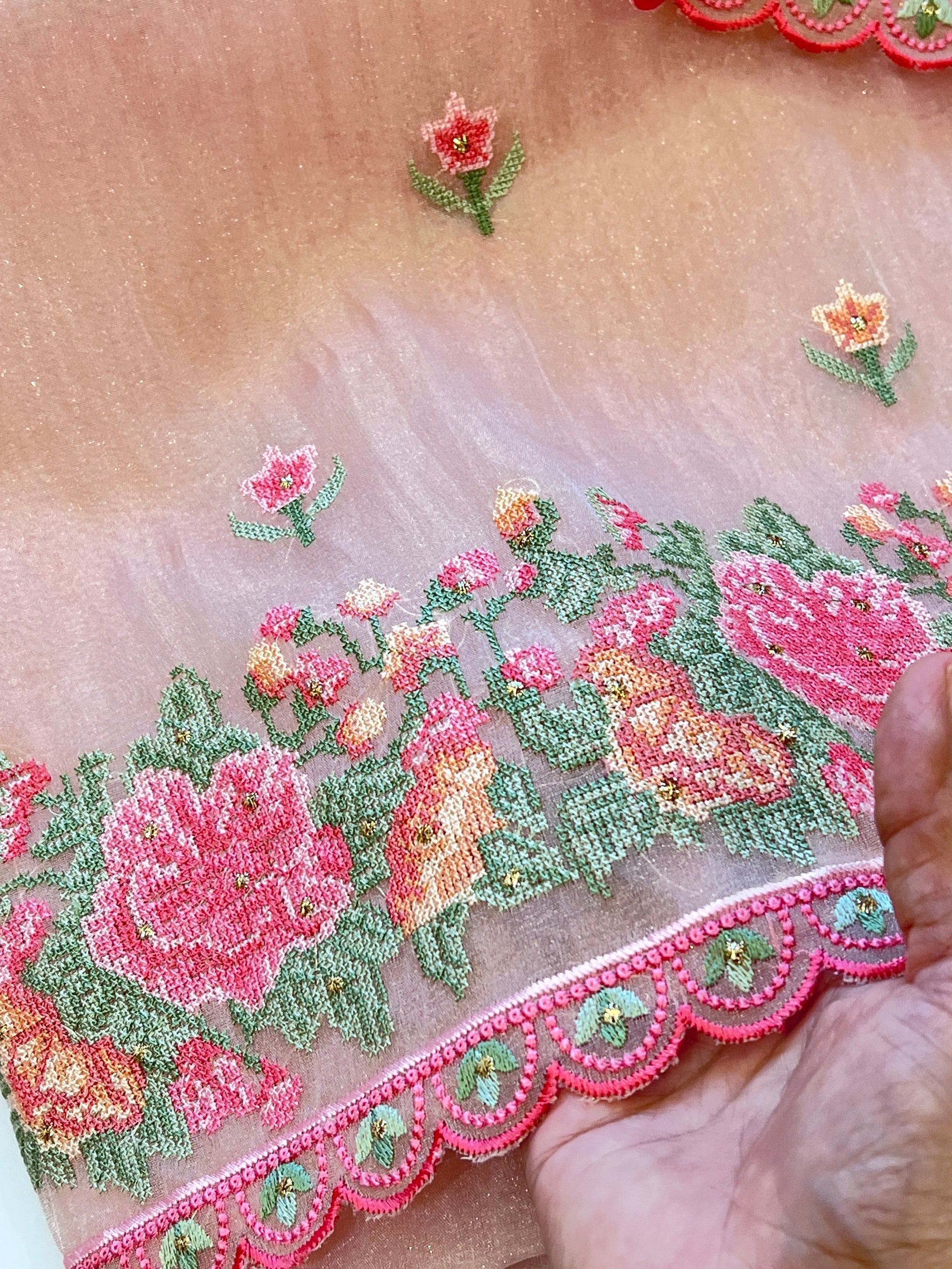 Peach Glass tissue with floral cross stitch embroidery dress material