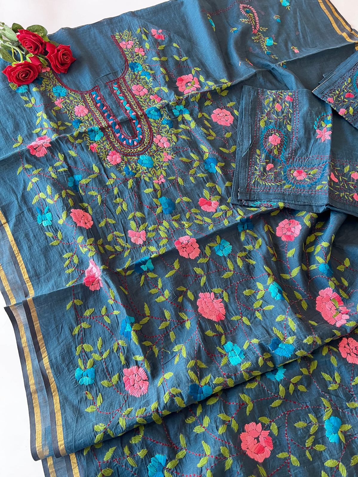 Blue Phulkari embroidery Unstitched suit material