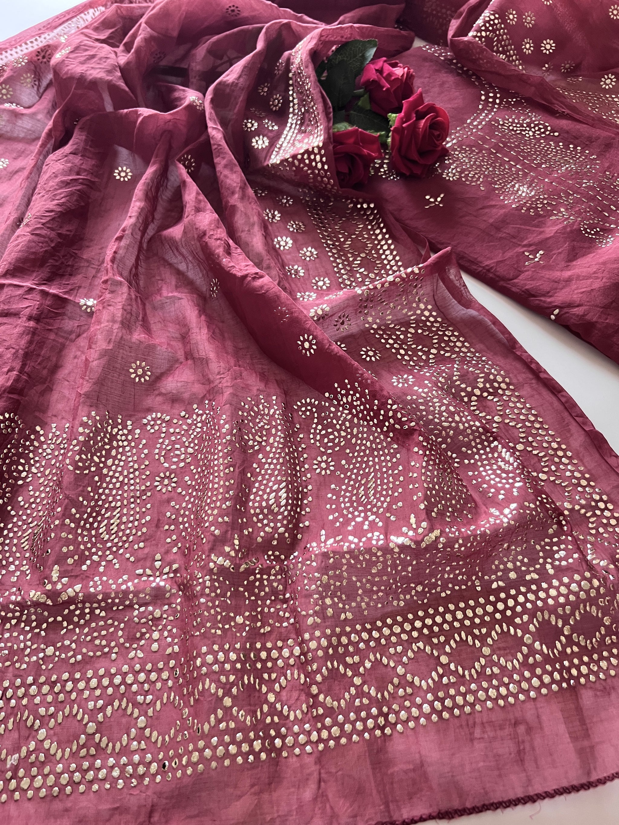 Maroon Mul Chanderi dress material with mukaish