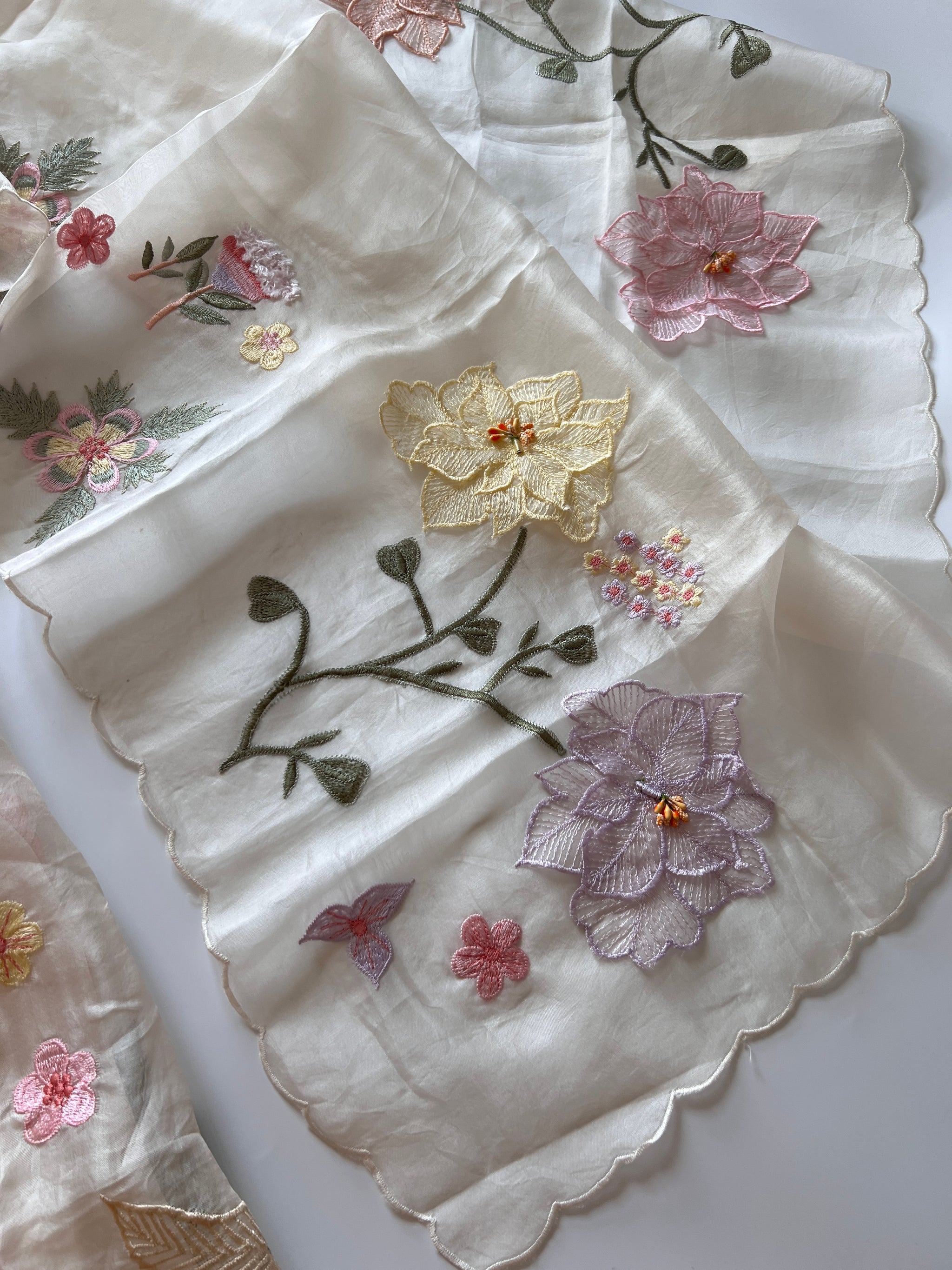 Off White 3D Embroidery on Organza premium unstitched dress material with floral work