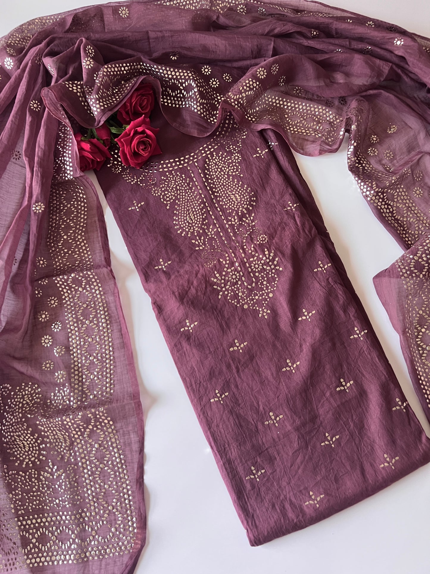 Purple Mul Chanderi dress material with mukaish