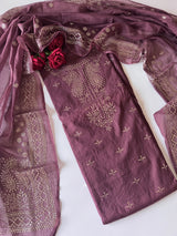 Purple Mul Chanderi dress material with mukaish