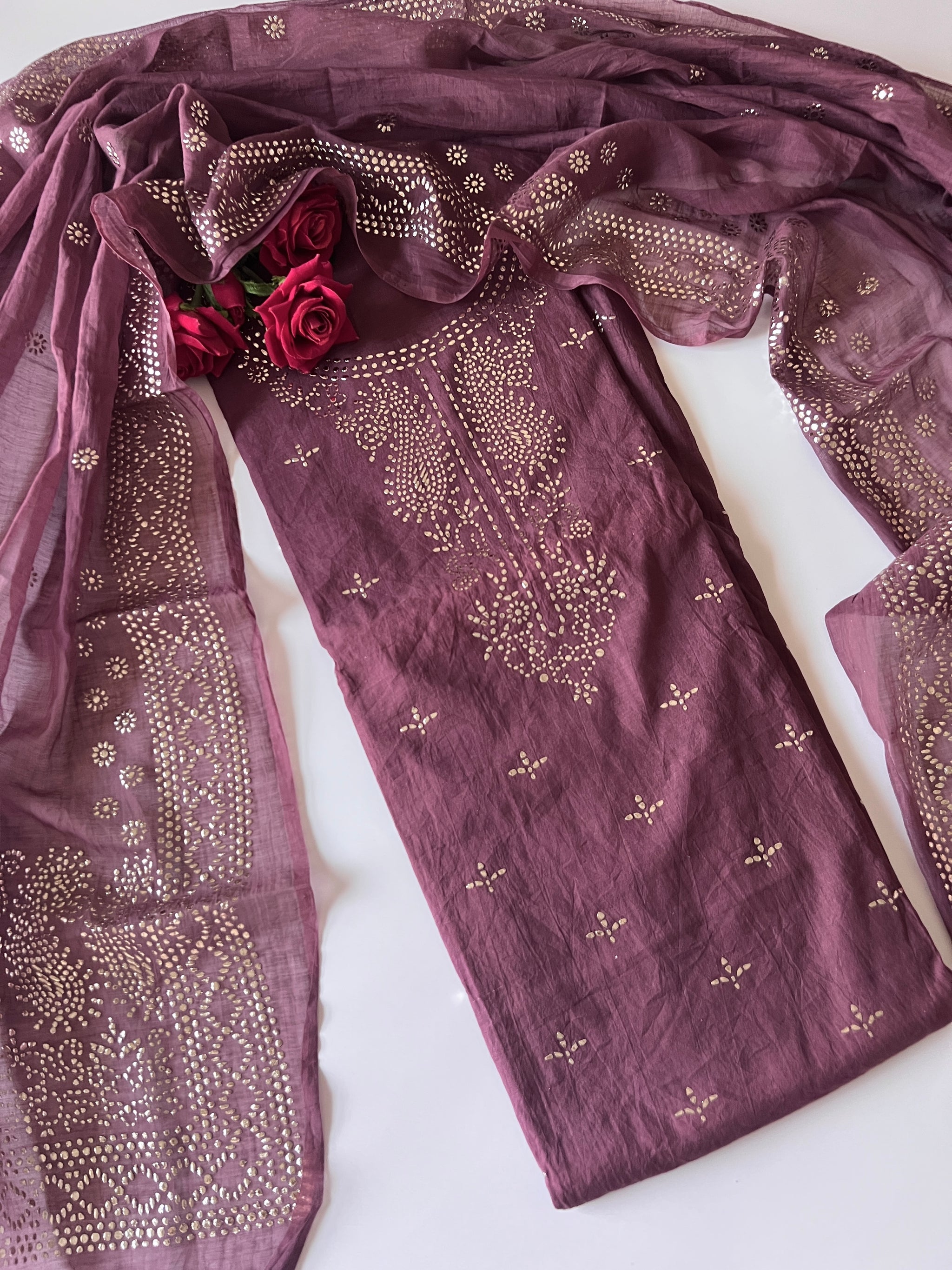Purple Mul Chanderi dress material with mukaish