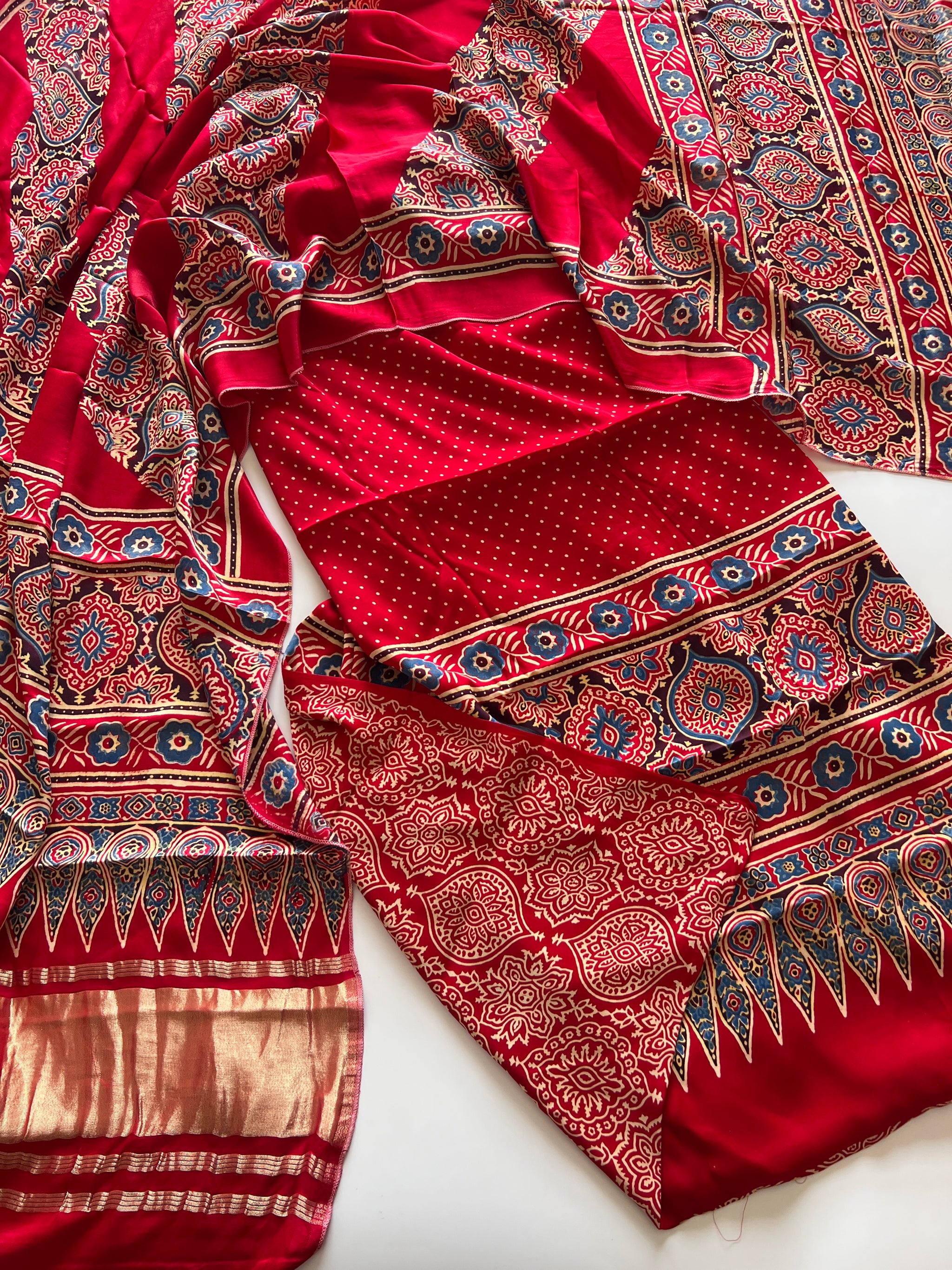Ajrakh Handblock print 3 pc fabric Unstitched suit set