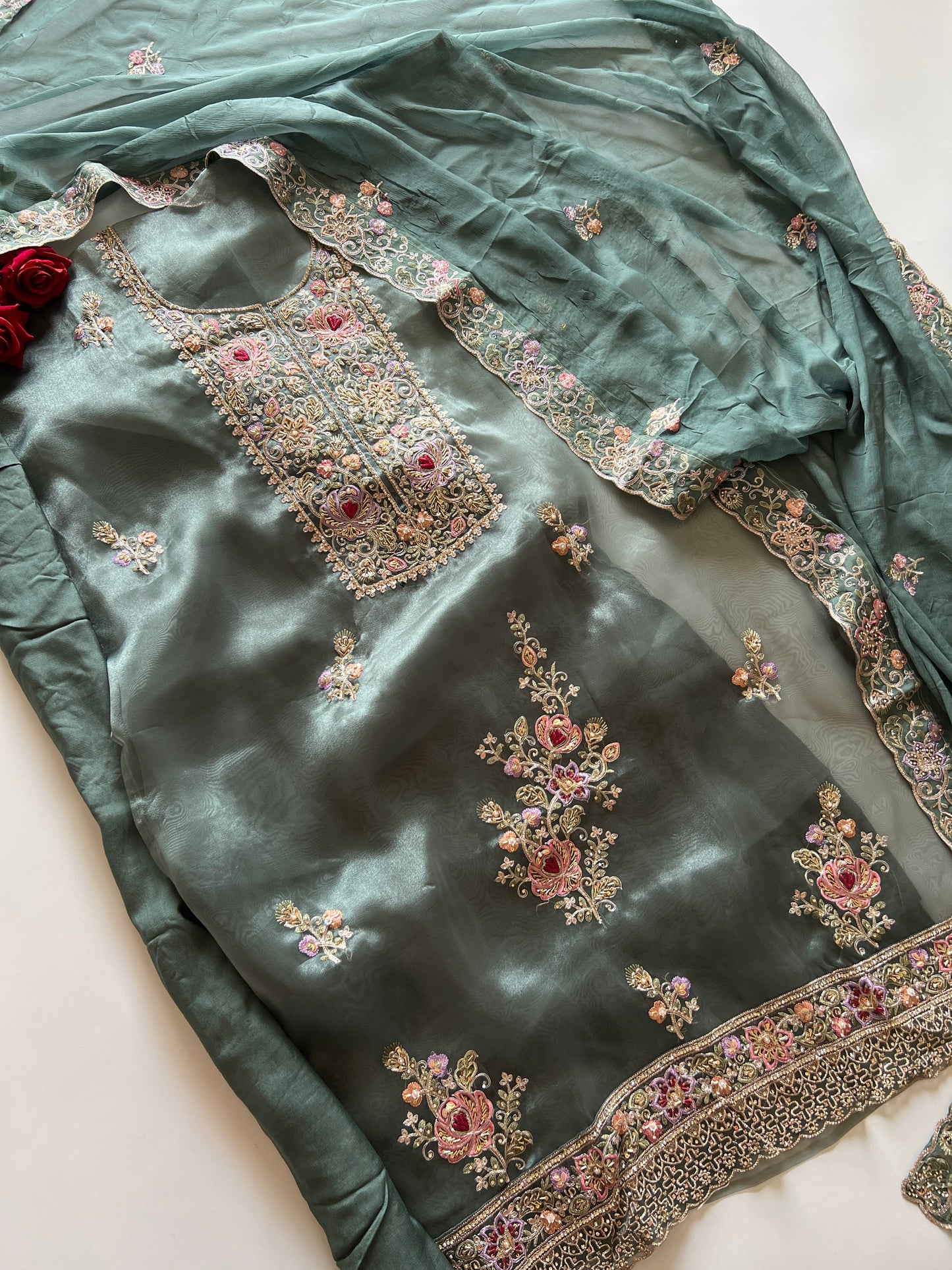Tissue partywear embroidered suit set unstitched