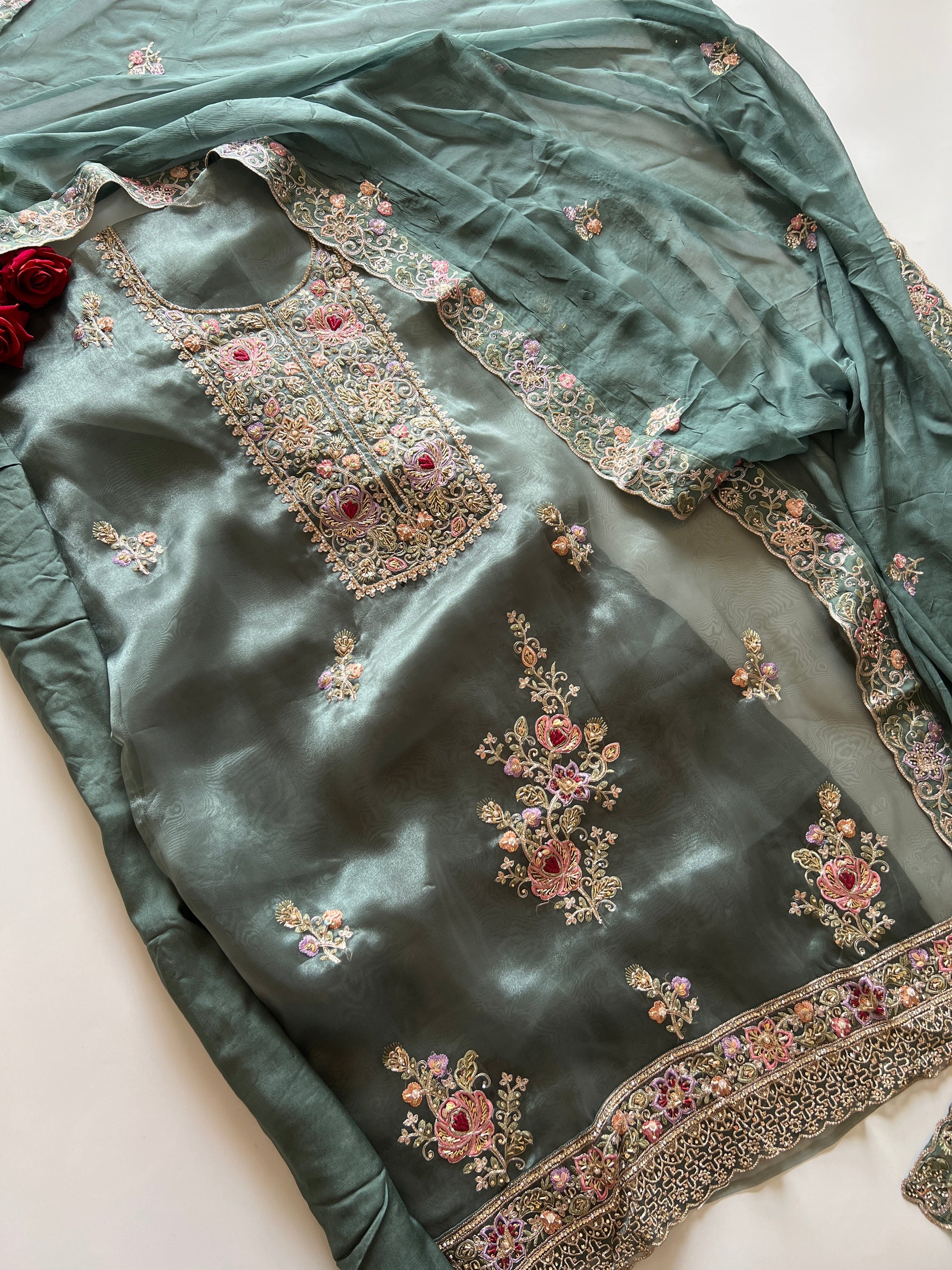 Tissue partywear embroidered suit set unstitched
