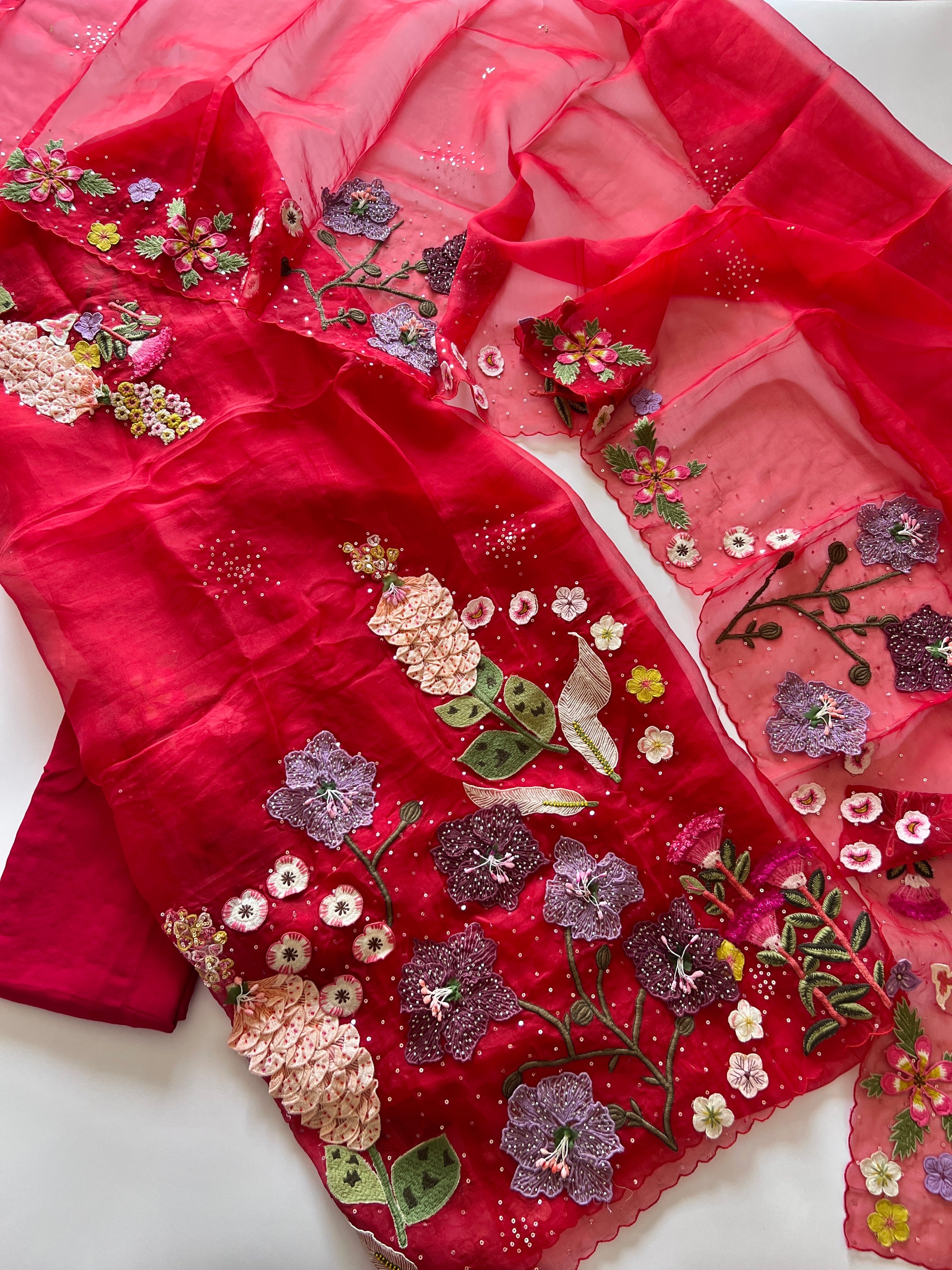 Red Fairy tale Embroidery on Organza premium unstitched dress material with 3D floral work