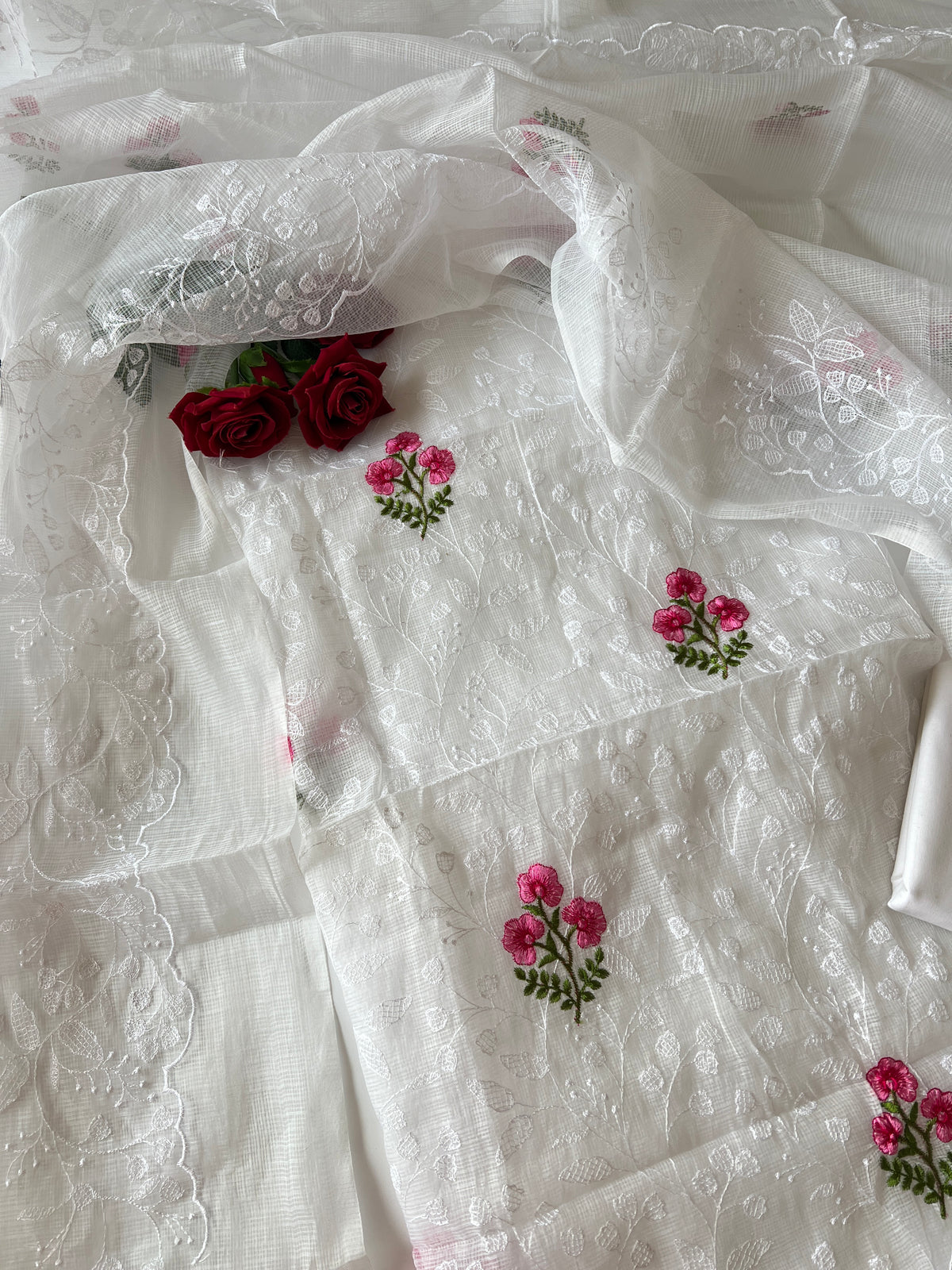 White Kotta floral embroidered kurta dupatta set Unstitched