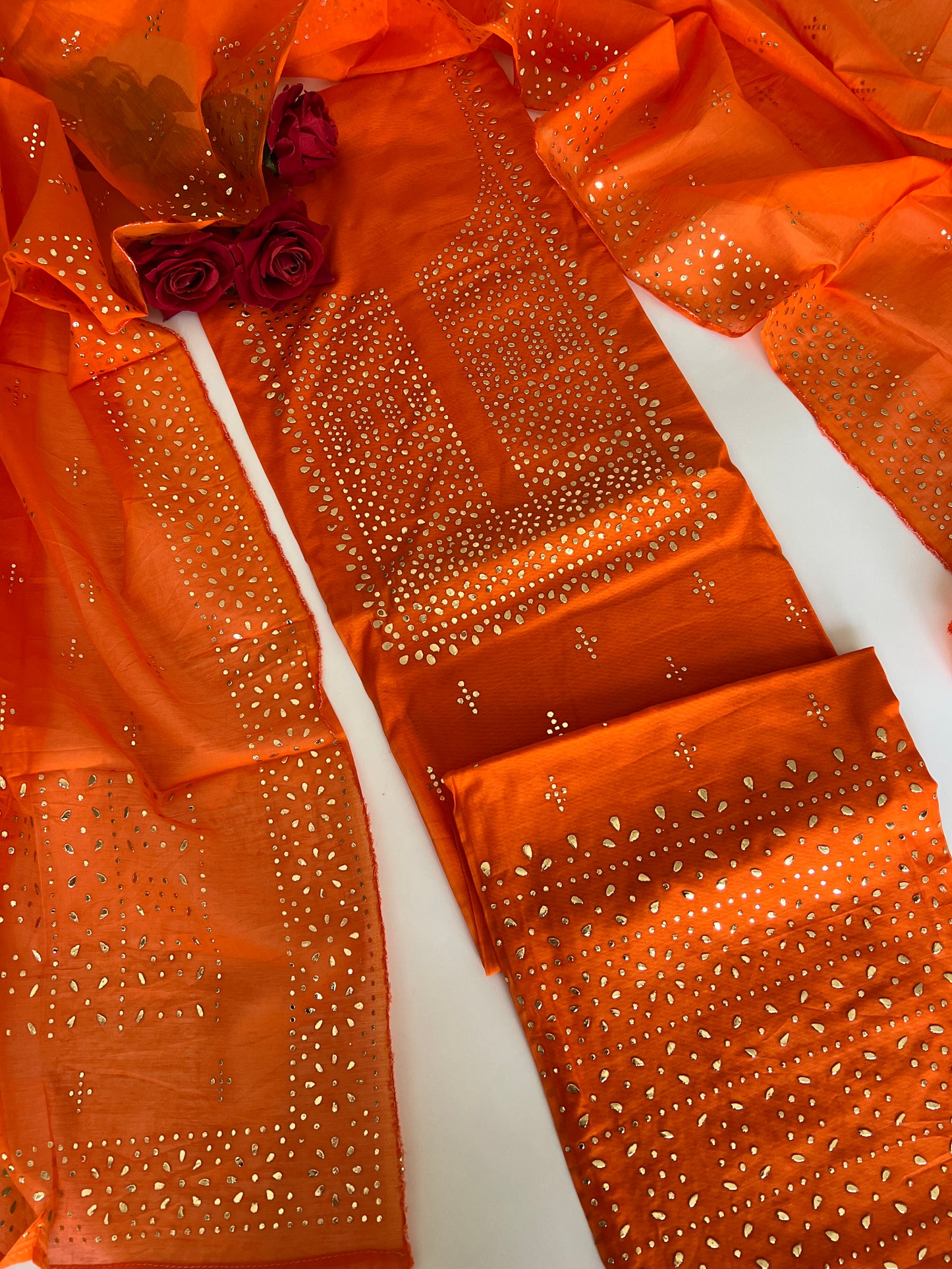 Orange Mul Chanderi dress material with mukaish geometric