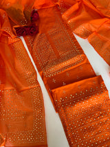 Orange Mul Chanderi dress material with mukaish geometric