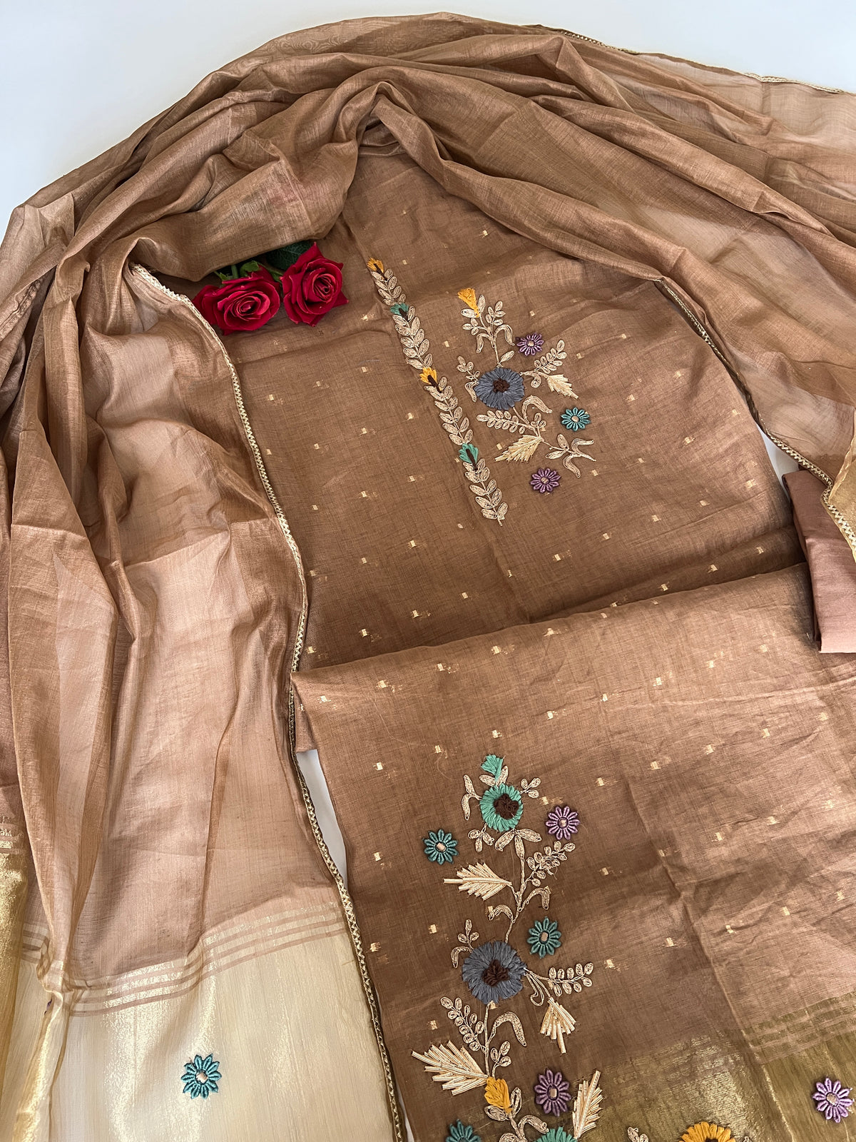 Brown Floral Embroidery tissue Jamdani Dress material