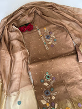 Brown Floral Embroidery tissue Jamdani Dress material