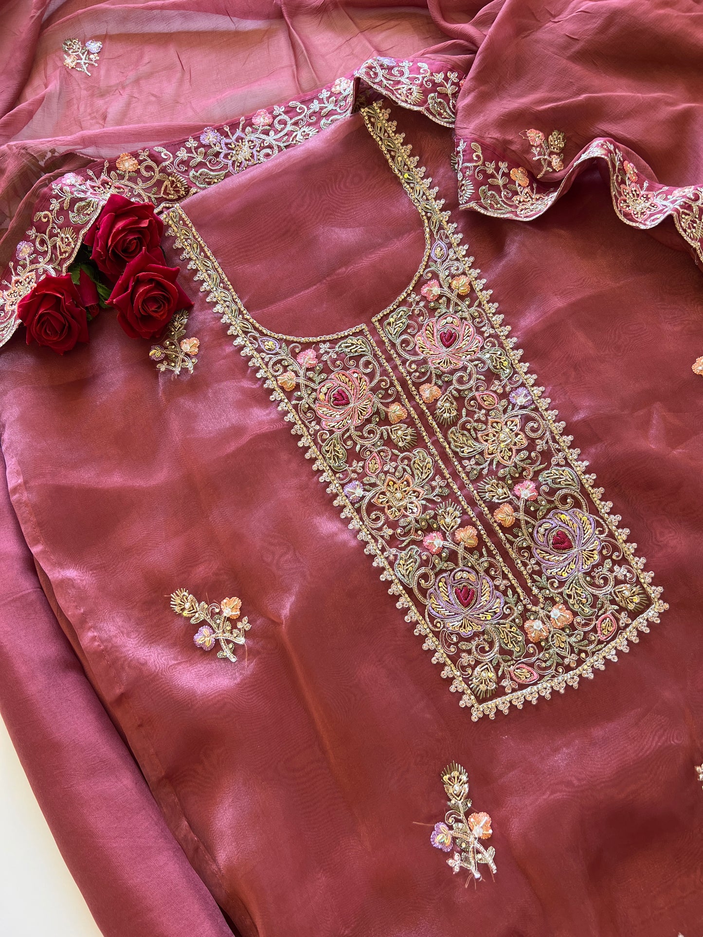 Tissue partywear embroidered suit set unstitched
